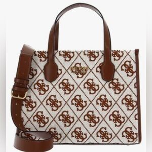 Guess- Tan And Brown Silvana Canvas Tote Saddle Logo Rare Sold Out NWT